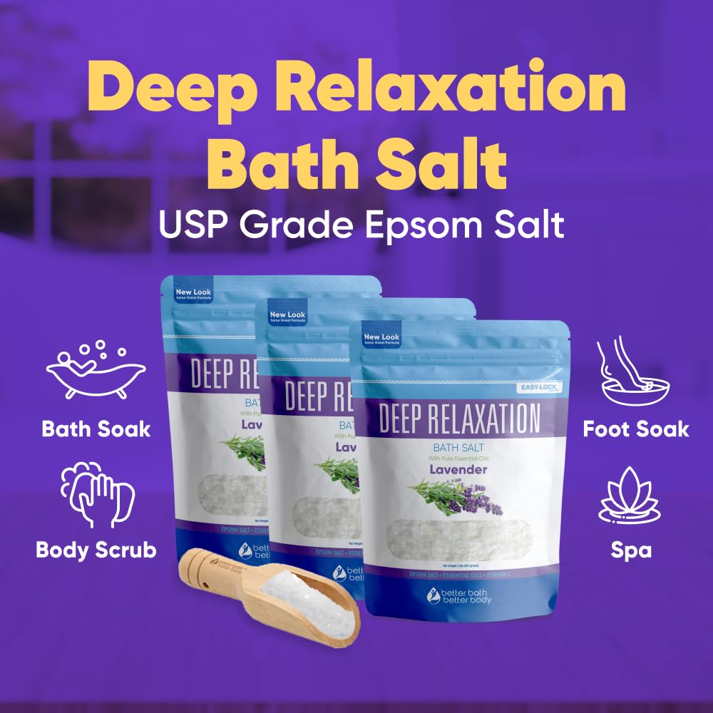 Deep Relaxation Bath Salt (3-Pack Plus Scoop) Relaxing Bath Soaks with Pure Essential Oils in BPA Free Pouch with Press-Lock Seal Made in USA, 3-Pack of 2-lbs, 6-lbs Total with Bamboo Scoop