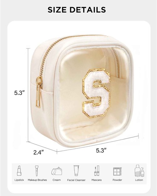 KOTORA Initial Make Up Bag Travel Toiletry Bag, Clear Makeup Bag Preppy Cosmetic Bag Clear Makeup Bags With Zipper Girlfriend Teacher 8 Year Old Girl Gifts Daughter Gifts Swim Gifts For Girls Beige S