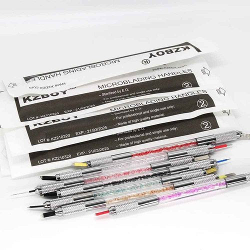 10 Multi-colors Double Sided Microblading Handles Individually Packaged with Lot # and Exp. Date for Microblades