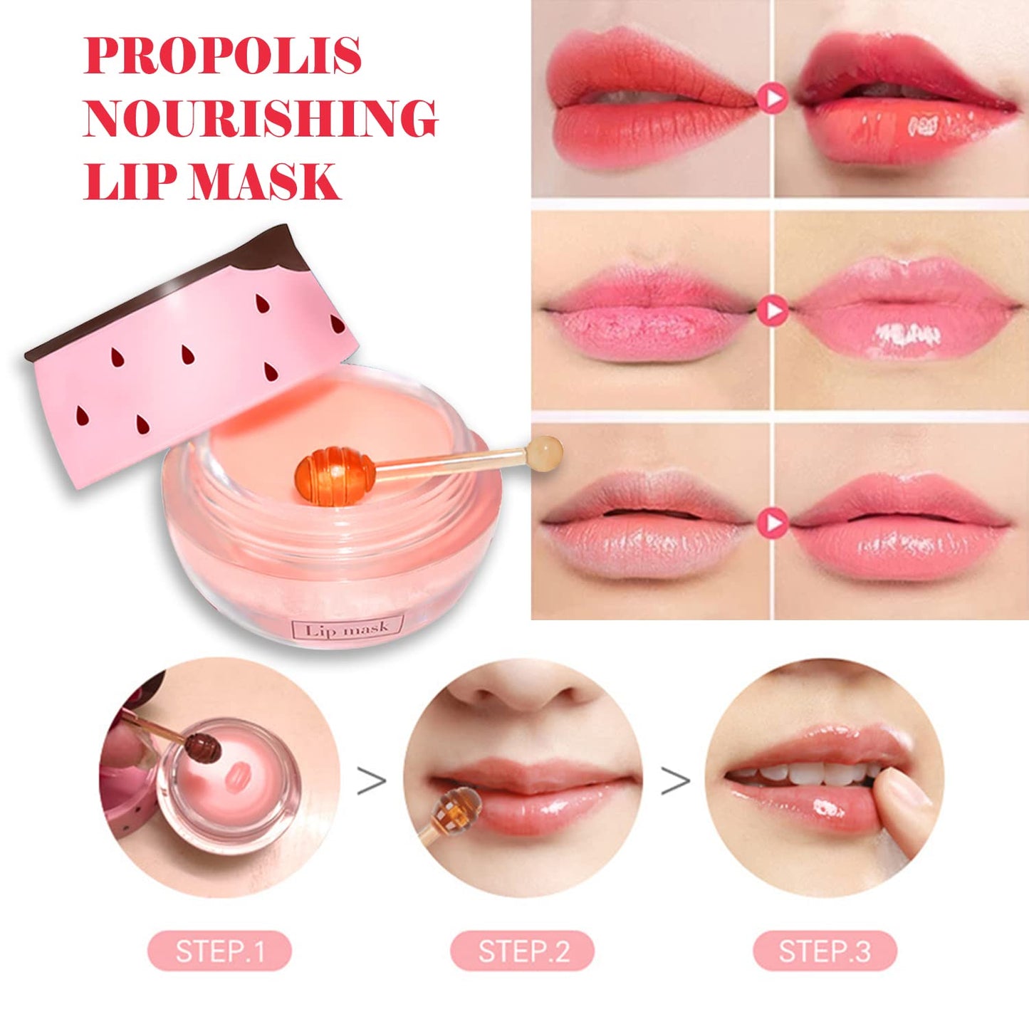 Strawberry Sleeping Lip Mask,Bee Lip Balm Lip Mask Honey Pot Propolis Moisturizing Lip Balm with Stick,Plumping Lip Hydrating Prevention Dry& Cracked Lip Scrubs Exfoliato Lip Wrinkle Care(Strawberry)