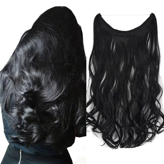 iLUU Natural Black Color Curly Hair Extensions Wavy Synthetic Hair Piece for Women 18inch 80grams Fish Line Secret Invisible Hidden Wire Hair Extensions for Women Girl #1BJ