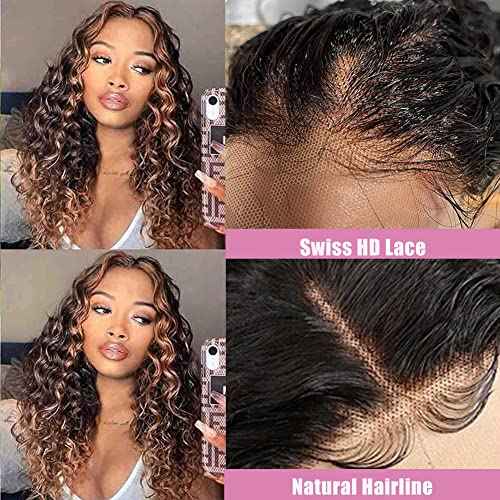 Highlight Ombre Lace Front Wig Human Hair Pre Plucked 1B/30 Black Brown 13x4 HD Lace Frontal Wigs Deep Wave Honey Blonde Human Hair Wigs for Black Women 180% Density 22 Inch