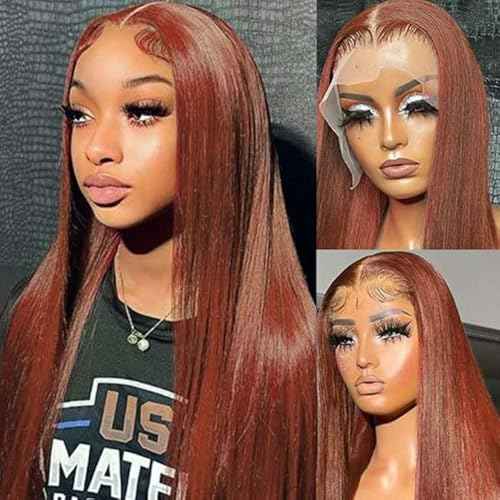 Reddish Brown Lace Front Wigs Human Hair For Black Women 13x4 HD Transparent Straight Lace Front Wigs with Baby Hair Cooper Red Glueless Wigs Pre Plucked (22 Inch, Reddish Brown)