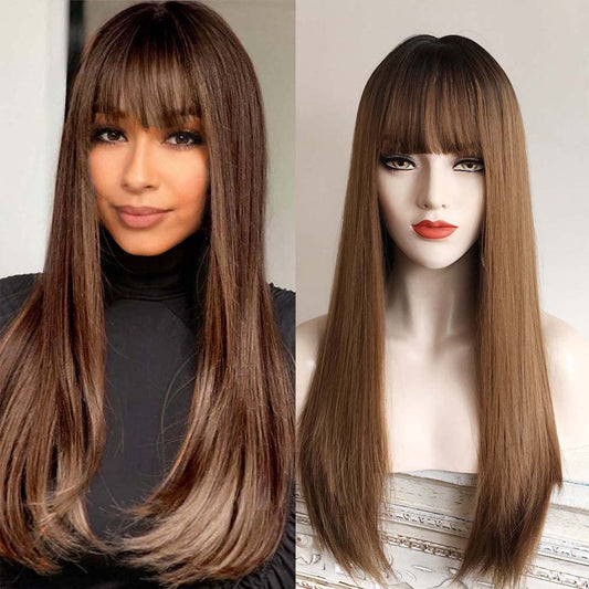 nevermindyrhead Brown Ombre Dark Root Long Straight Wig with Fringe Bangs, Heat Resistance Synthetic Wigs for Women 24 Inch