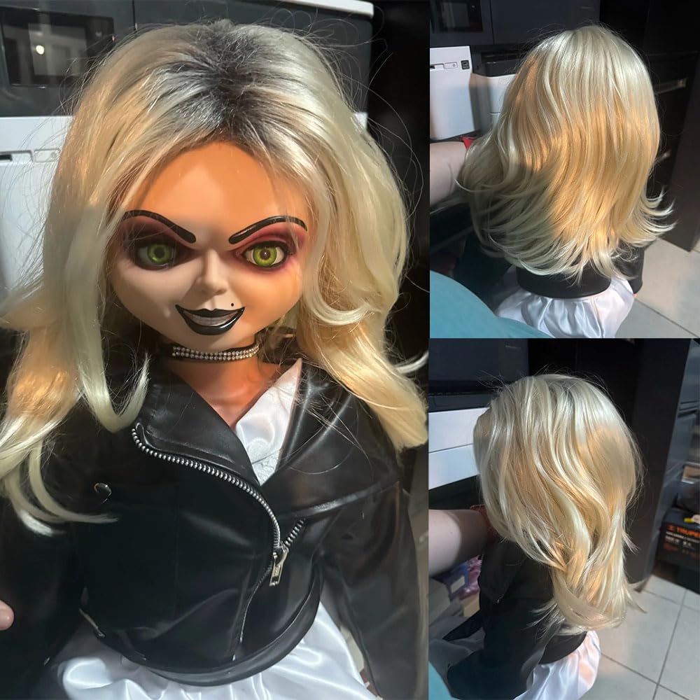 GNIMEGIL Ombre Blonde Costume Wig 20 Inch Heat Resistant Synthetic Hair for Halloween Anime Cosplay Fits for Bride of Chucky Wigs for Dolls Blond Wig with High Temperature Fiber