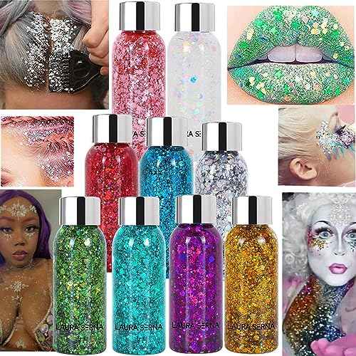 9 Pack Body Glitter Gel, Mermaid Sequin Chunky Glitter Face Hair Nail Lip Glitter Gel Lasting Sparkling Lotion Glitter Liquid Eye Shadow for Festival Birthday Makeup Party