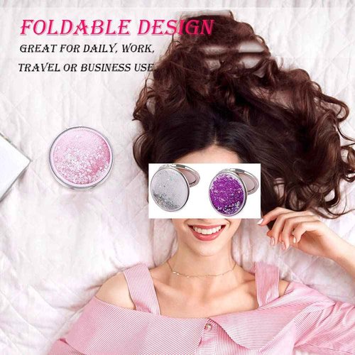 AKOAK 1 Pack Compact Mirror, Portable Quicksand Pocket Travel Makeup Mirror, Folding Hand-held Double Sided 1x/2x Magnifying Glass, Great Gift for Women and Girls (Pink)