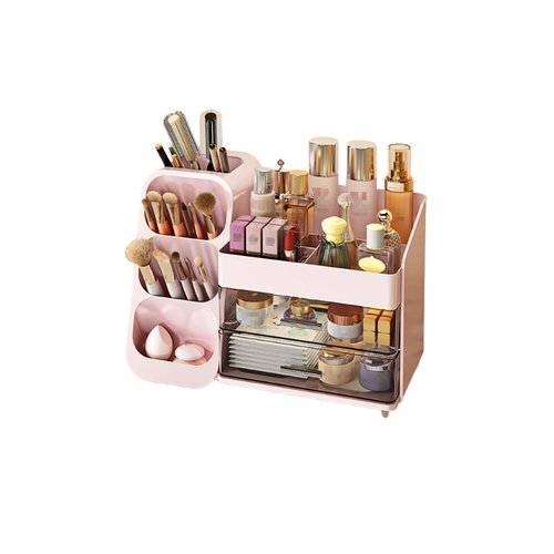 HEVOY Makeup Organizer with Drawer, Skincare Products Perfume Desk Storage Box, Beauty Holder Rack for Lipstick Brush Eyeliner, Cosmetic Display Case for Dresser Countertop & Bathroom Vanity (Pink)