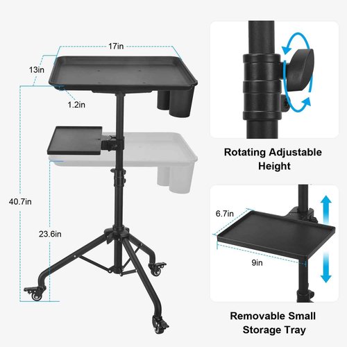 Salon Tray Cart on Wheels, Aluminum Tattoo Tray with Storage Platform, Adjustable Height Service Rolling Tray, Storage Tray Accessory for Salon Spa Dental Use, Rolling Tray Cart