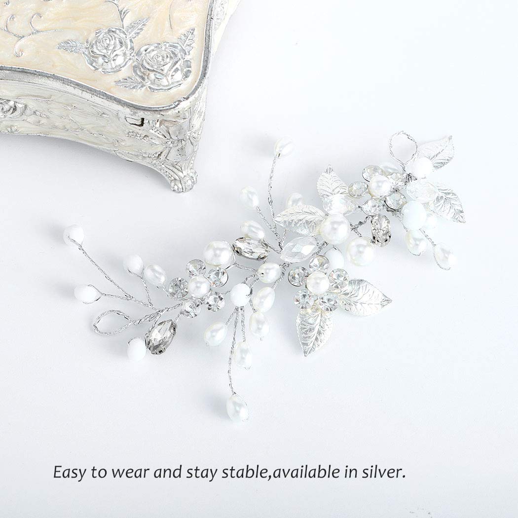 Catery Bride Wedding Headband Silver Crystal Hair Vine Flower Hair Piece Leaf Pearl Hair Jewelry Braid Headpieces Bridal Hair Accessories for Women and Girls (A-Silver)