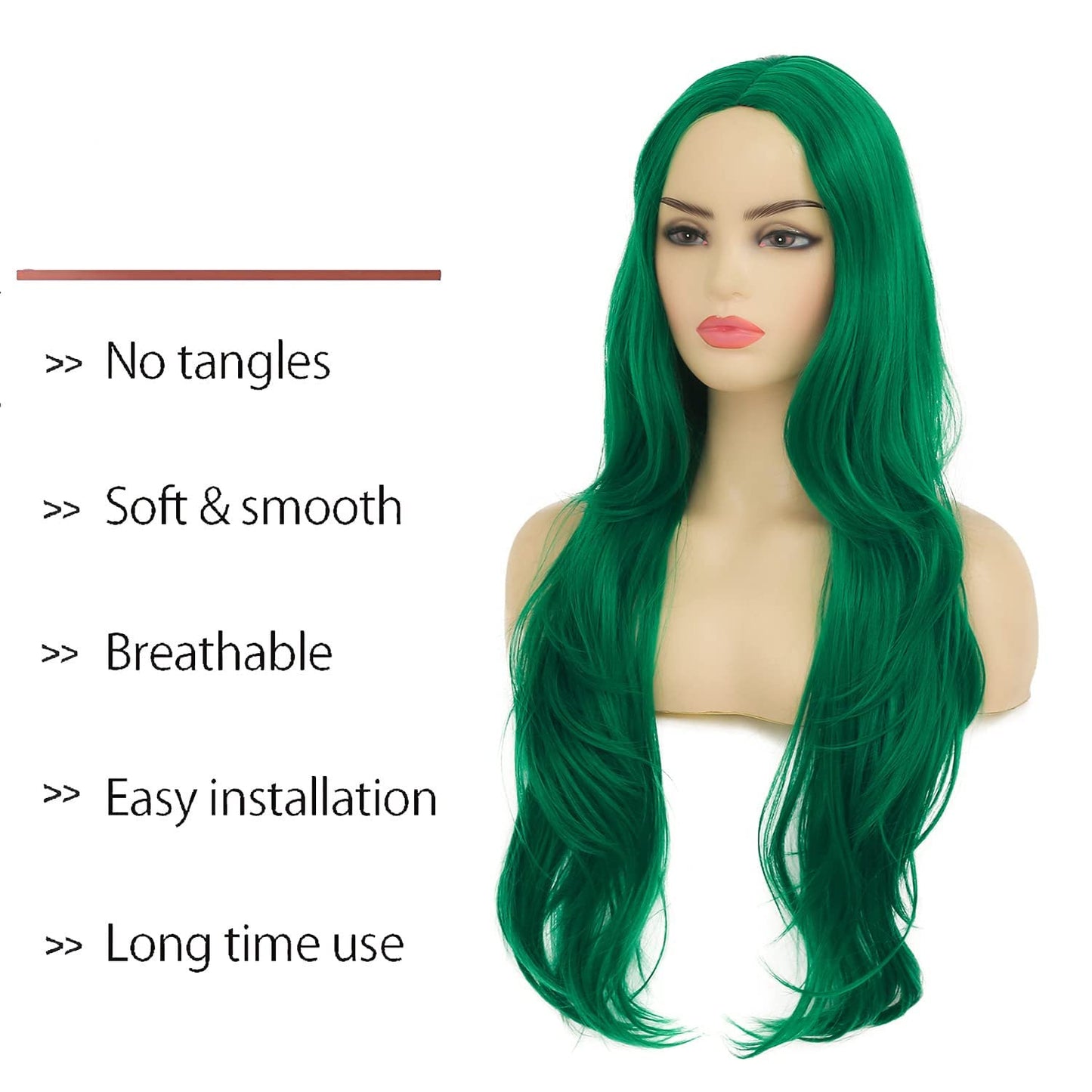 Swiking Long Curly Green Wig for Women Charming Long Wavy Heat Resistant Fiber Synthetic Hair for Cosplay Halloween Party Use(Green)