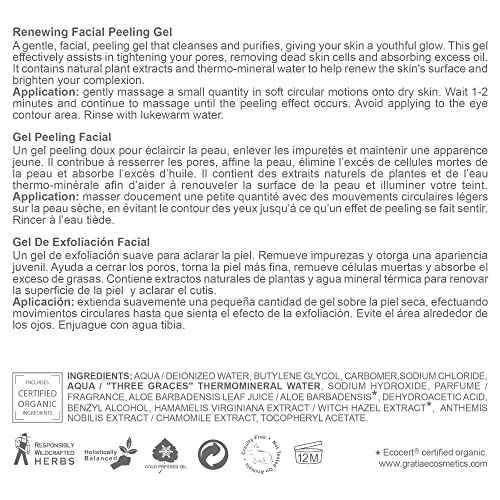 Gratiae organic renewing Peeling gel face mask, mild face cleanser with witch hazel, Deep cleans, removes dead skin cells and blackheads, anti-aging skin care, 1.7 Fl oz