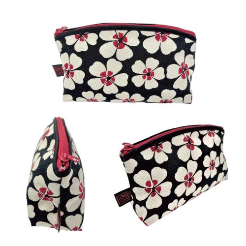 Small Makeup Bag for Purse [ Made in Japan] Traditional Edo Komon Design Cute Cosmetic Pouch (Cherry Blossom (Black))