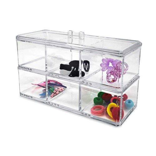 Isaac Jacobs 3-Compartment Clear Acrylic Rectangular Stackable Organizer with Lid, Multi-Sectional Drawer Tray, Storage Solution for Makeup, Craft Supplies, for Bathroom, Kitchen, Office (2, Clear)
