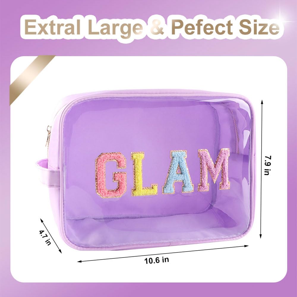 Bricte Transparent Extra Large Glitter Chenille Patches GLAM Pouch Preppy Clear TPU and Nylon Makeup Bag Women (X-Large, Purple-Glam)