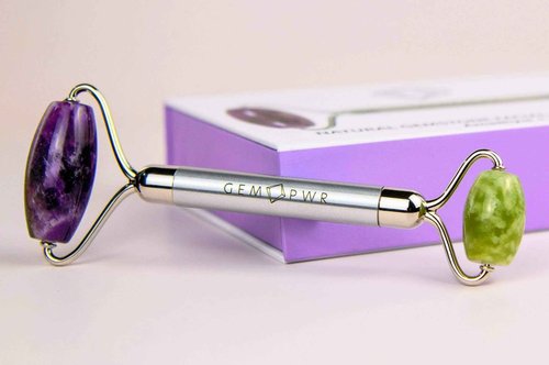 GEM PWR Amethyst + Jade Roller for Face and Neck Massage, Dual Gemstones with Durable Steel Handle and Travel Bag. Minimize Wrinkles, Reduce Puffiness and Restore Skin's Elasticity and Radiance