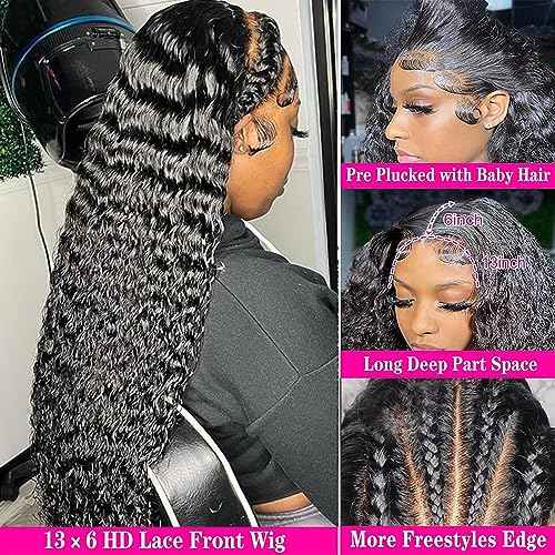 26 Inch Deep Wave 13x6 HD Transparent Lace Front Wigs Deep Curly Lace Frontal Glueless Wigs Human Hair Pre Plucked with Baby Hair Natural Hairline Wet and Wavy Wigs180% Density