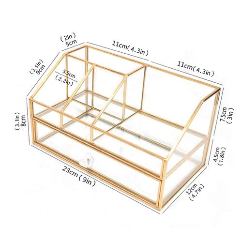 YUEHUA Glass Makeup Organizer, Clear Makeup Brush Organizer Jewelry Display Box, Gold Makeup Nail Polish Lipsticks Eyeliners Holder Organizer for Vanity Bathroom Office