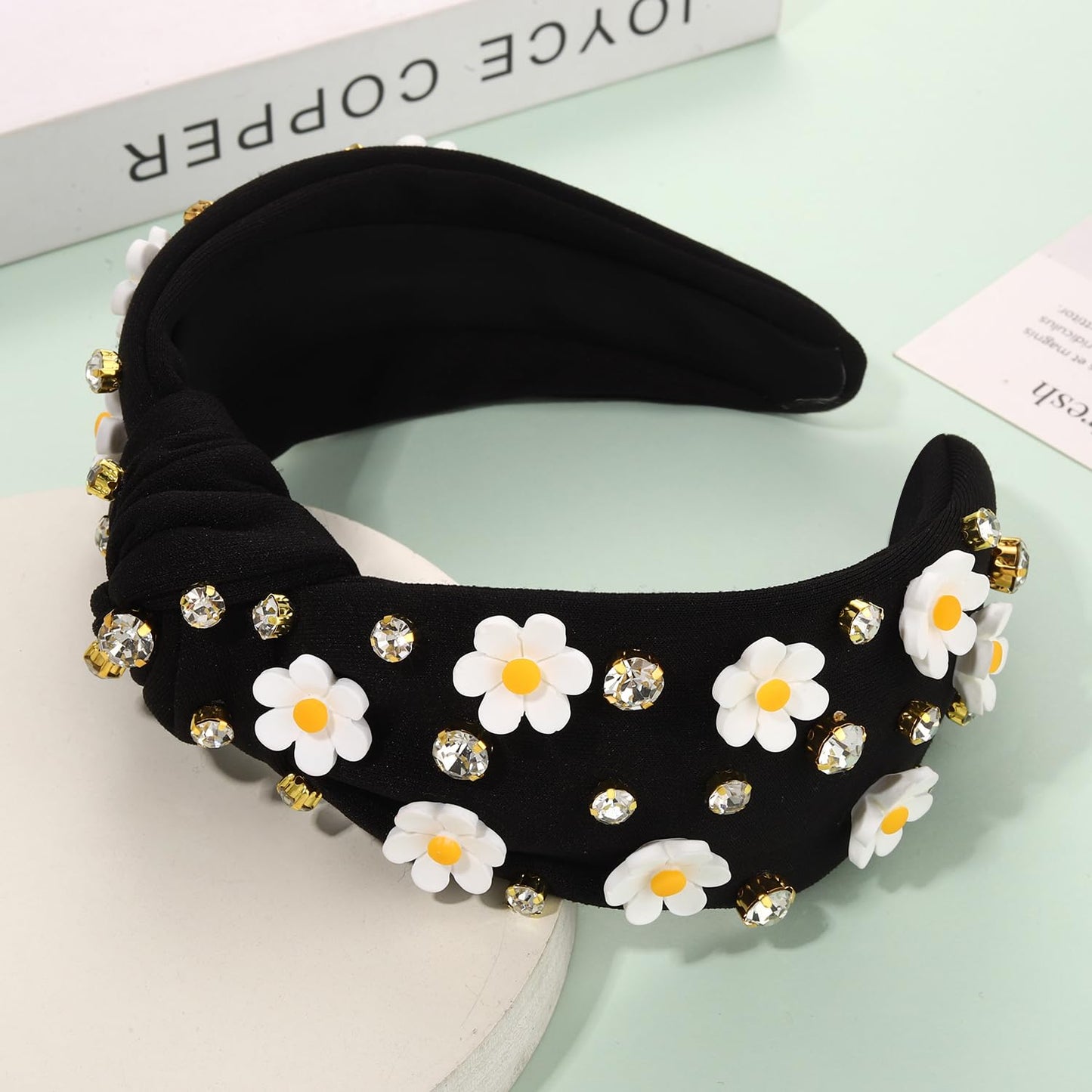 NVENF Flower Headbands for Women Spring Summer Floral Knotted Headbands Crystal Rhinestone White Pink Wide Top Knot Headband Beach Summer Hair Accessories Outfits Gifts (Flower B - Black)