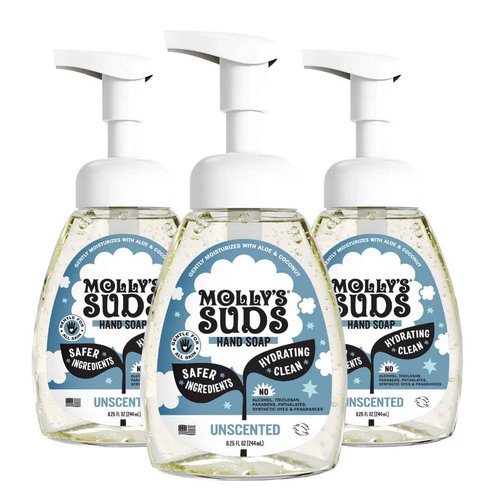 Molly's Suds Foaming Hand Soap - Made with Aloe and Coconut Oil | Moisturizing Hand Wash | Clean Ingredients, Infused with Essential Oils | Unscented - 8.25 Oz (Pack of 3)
