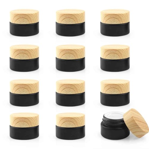 BOSMIOW 12 Pcs 5g Black Frosted Glass Jar Cosmetic Cream Jar Empty Refillable Sample Jars Travel Makeup Container Pot Jar For Cosmetic, Lotion, Cream