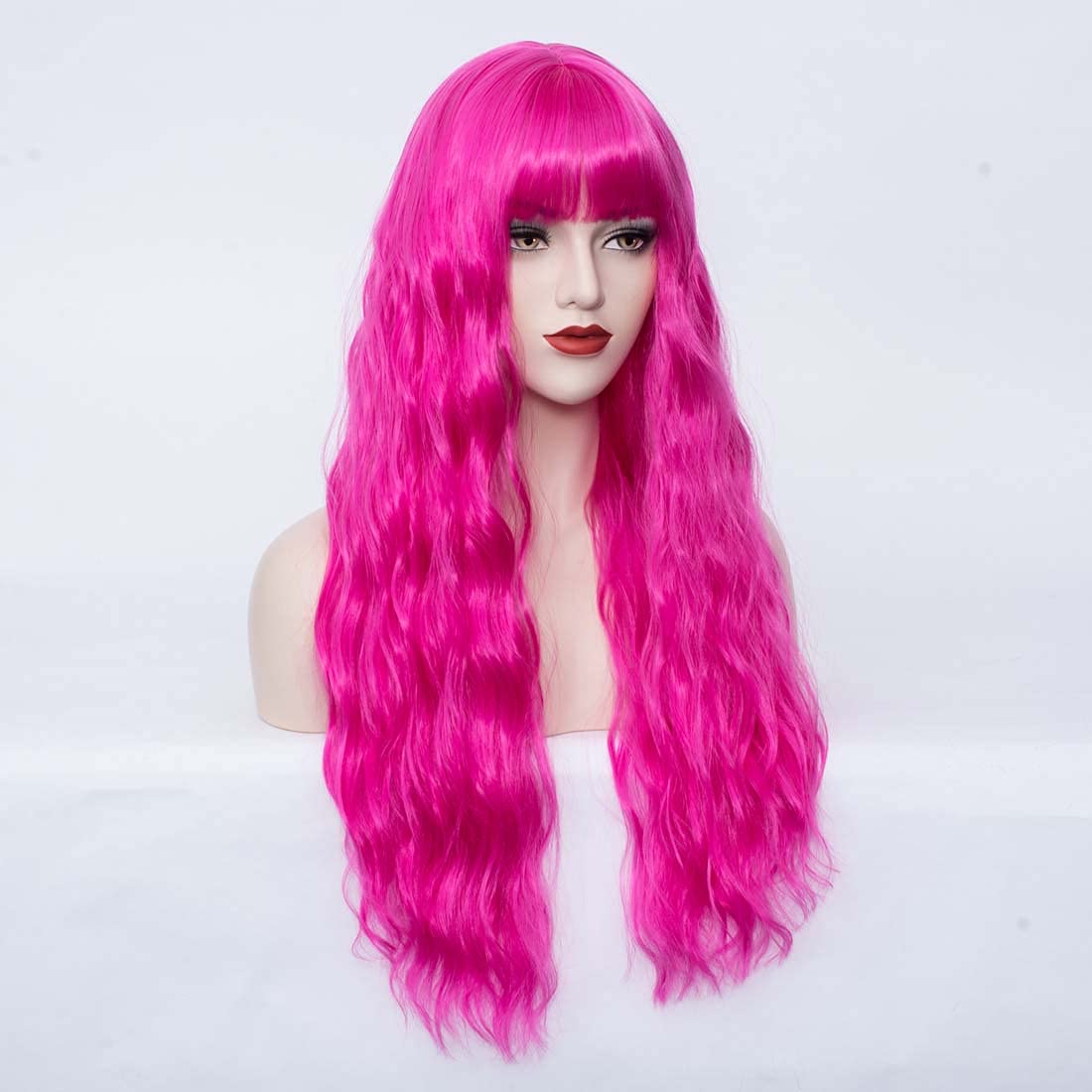 WGPFWIG Women's Hot Pink Wig 27''Long Curly Wavy Wig Shoulder Length Flat Bangs Wig For Women Girl Cosplay Party Halloween Wig Cap Included (27''Hot Pink)