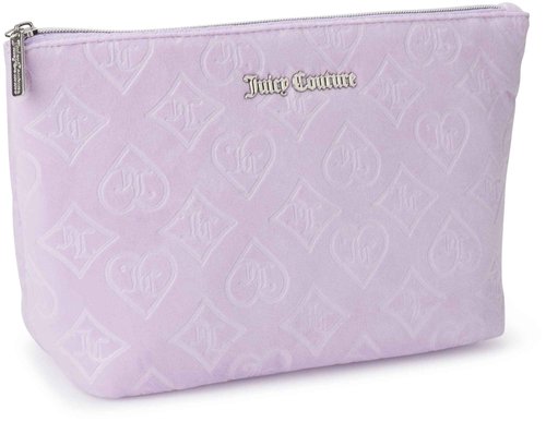 Juicy Couture Lavender Purple Makeup Bag Cosmetics Organizer Travel Essentials Zip Top Wedge Velour Heart Diamond