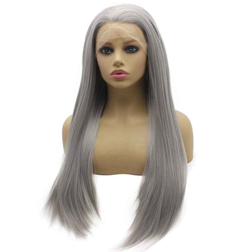 Iwona Gray Straight Wig Half Hand Tied Heat Resistant Fiber Hair Synthetic Lace Front Wig