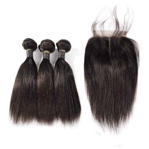 SINGLE BEST Brazilian Human Hair Bundles with Closure 10A Straight Bundles with Lace Closure 3 Bundles Human Hair with Lace Closure Free Part Natural Color (Straight, 8 8 8+8inch)