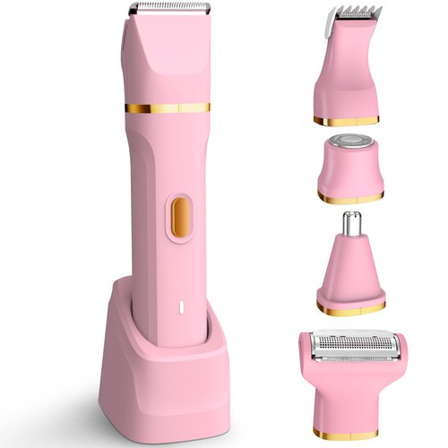 KINGTEE 5-in-1 Electric Bikini Trimmer for Women – IPX7 Waterproof Shaver, Cordless Body & Facial Razors for Women, Ceramic Blades, USB-C Rechargeable, Painless Hair Removal Kit (Pink)