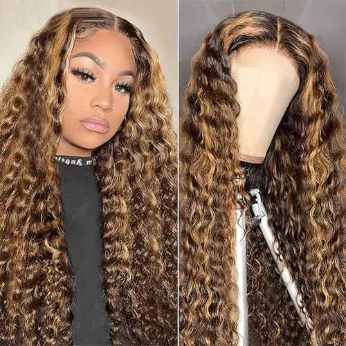 NVL Lace Front Wigs Human Pre Plucked with Baby Hair 200 Density 13x4 HD Transparent Straight Lace Front Wigs for Women Human Hair Glueless (4/27 highlight deep wave lace front wig, 24 Inch)