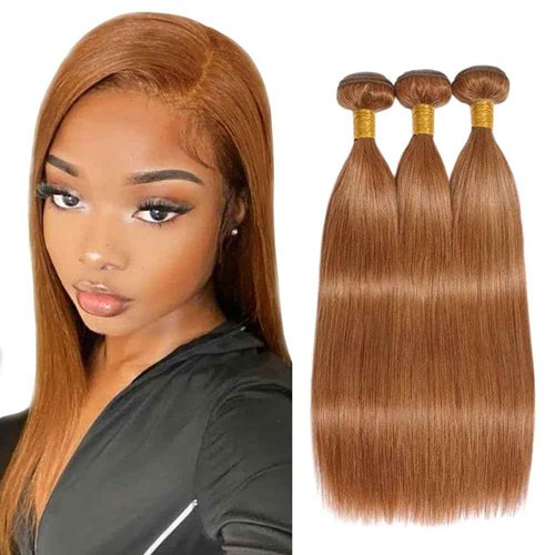 Color 30 Straight Human Hair Bundles Light Brown Straight Bundles Brazilian Virgin Remy Hair Extensions Tangle-Free 8 10 12 Inch