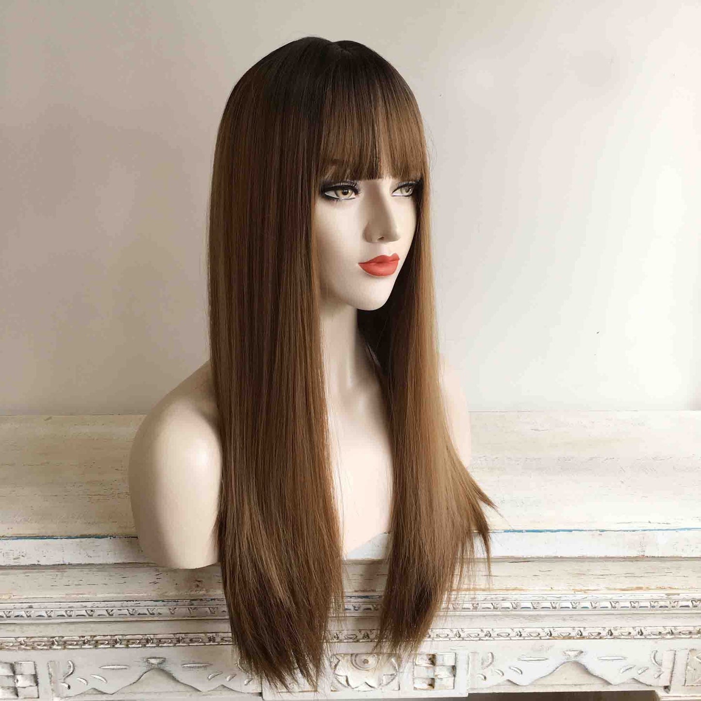 nevermindyrhead Brown Ombre Dark Root Long Straight Wig with Fringe Bangs, Heat Resistance Synthetic Wigs for Women 24 Inch