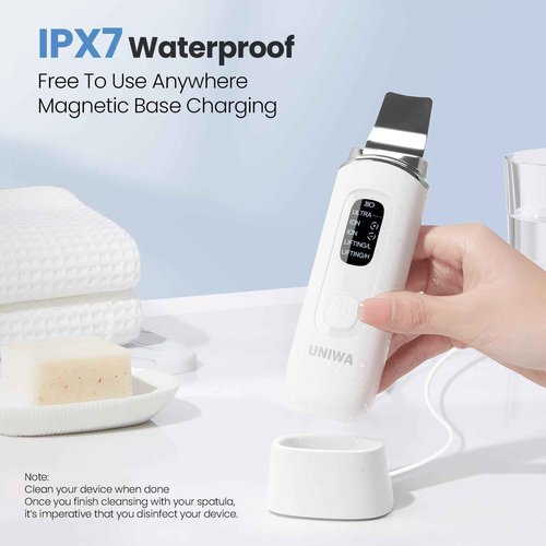 UNIWA Skin Scrubber Face Spatula, Skin Scrubber Pore Cleaner Blackhead Remover Tool for Deep Facial Cleansing - 4 Modes, Face Spatula with USB Charger, LCD Display, IPX7 Waterproof - White