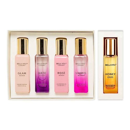 BellaVita Luxury's Booster Perfume Gift Set For Women | 5 Luxury Minis | Long Lasting | Senorita, Rose, Date, Glam, Honey Oud | Eau De Parfum