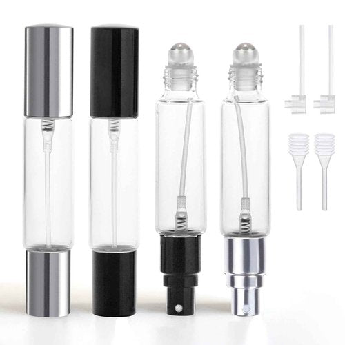 YOCASII 4PCS Dual-Head Travel Perfume Bottle with Spray & Roller Balls for Essential Oils, 10ml Glass Perfume Travel Refillable Bottles and Roll on Bottles for Facial Care with Funnel Tool