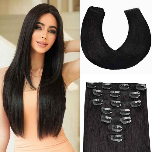 Clip in Hair Extensions Real Human Hair 18 Inch 110g Invisible Seamless Human Hair Clip in Extensions for Women 7pcs Per Set with Double Weft 1B Natural Color