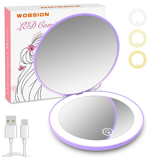 wobsion Rechargeable Led Travel Mirror, 1x/10x Magnification Compact Mirror with Light, Dimmable Led Travel Makeup Mirror,3 Color Lighting,Handheld 2-Sided Pocket Mirror,Gifts for Girls,Purple