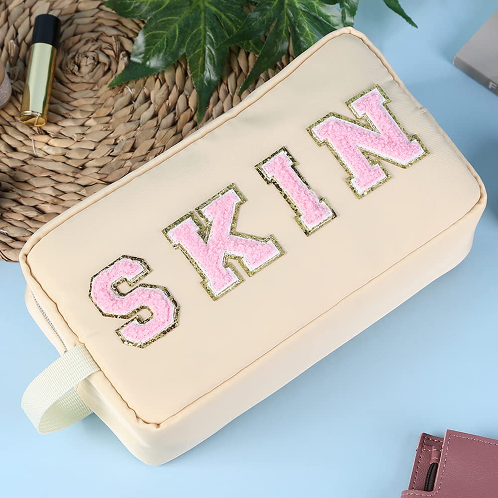 TBOLINE Large Preppy Patch Makeup Bag,Nylon SKIN Makeup Bag With Handle, Portable Chenille Letter Cosmetic Pouch Bag,Varsity Letter Toiletry Bag With Zipper for Women