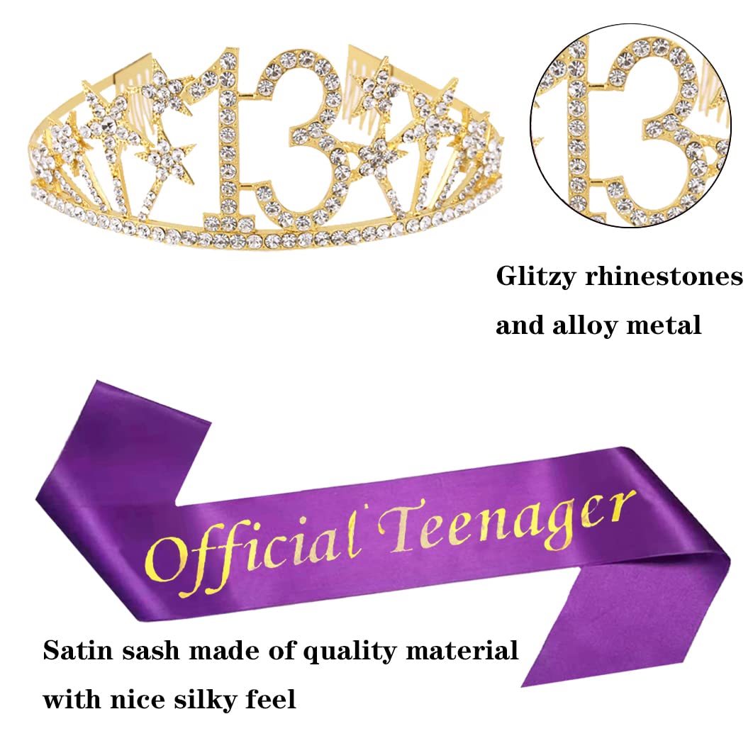 Happy 13th Birthday Tiara and Sash Gifts Crystal Rhinestone Princess Crown Birthday Girl Party Favor Supplies Gold Crowns Purple Sash