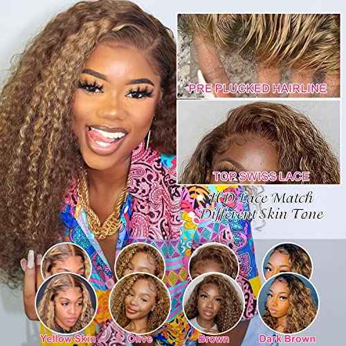 Juvid Highlight Ombre 13x6 Lace Front Wigs Human Hair 4/27 Honey Blonde Deep Wave Curly Human Hair Wig HD Transparent Frontal 180% Density Glueless Wig 20inch for Black Women Pre Plucked Hairline