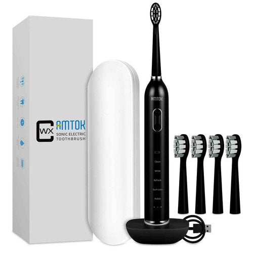 CWX Sonic Electric Toothbrush Wireless Fast Charging, 5 Cleaning Modes, 3 Intensity Settings, 60 Days Battery Life, 2 Min Smart Timer, 4 Brush Heads & Travel Case IPX7 Waterproof