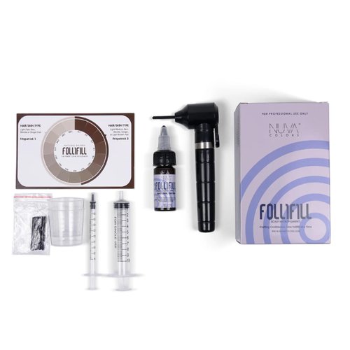 Nuva Follifill SMP Pigment & Cartridge Needle Kit – Deepest Scalp Micropigmentation Ink with Superior Retention, 15ml Bottle for 50+ Treatments, 20 Sterilized Needles, Mixer, Brown