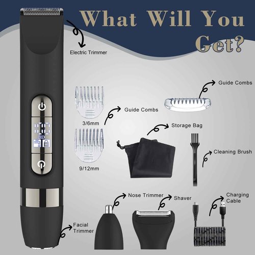 Hatteker 4 in 1 Multifunctional Dual - Head Body Hair Trimmer for Men, IPX7 Waterproof Groin & Body Hair Groomer, Rechargeable Body Electric Shaver Razor