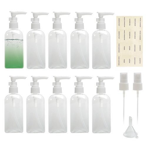 Tancano 10pcs Travel Dispenser Set, 3.4oz Clear Plastic Bottles with Pump & Mist Sprayer & Small Funnel & Labels for Soap/Shampoo/Conditioner/Body Wash