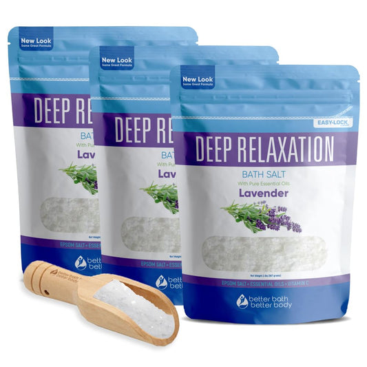 Deep Relaxation Bath Salt (3-Pack Plus Scoop) Relaxing Bath Soaks with Pure Essential Oils in BPA Free Pouch with Press-Lock Seal Made in USA, 3-Pack of 2-lbs, 6-lbs Total with Bamboo Scoop