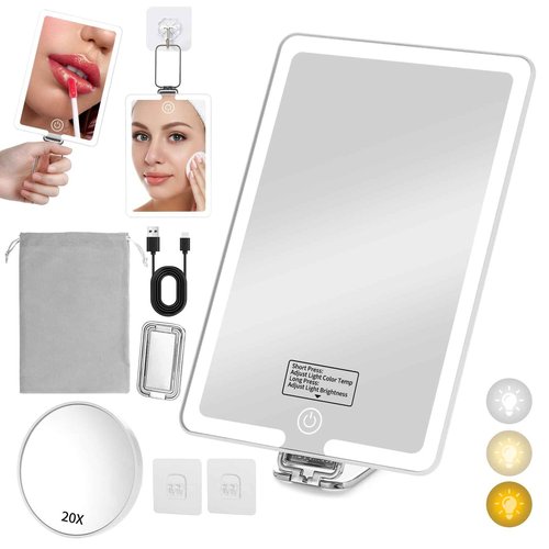 Travel Mirror with Light, Portable Makeup Mirror with Folding Handle, 20x Magnification Mirror&Tweezer Combo kit, Vanity Tabletop/Handheld/Hanging Lighted Mirror with 3 Color Lights, Travel Essentials