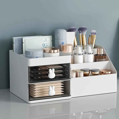 Makeup Organizer With 2 Drawers, Countertop Organizer For Vanity, Bathroom Organizers And Storage, Bathroom And Bedroom Desk Cosmetics Organizer For Skin Care, Brushes, Eyeshadow, Lotions (Pink)