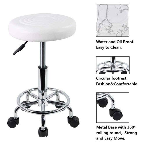 KKTONER PU Leather Modern Round Rolling Stool with Footrest Height Adjustable Spa Drafting Salon Tattoo Work Massage Stools Task Chair Small (White)