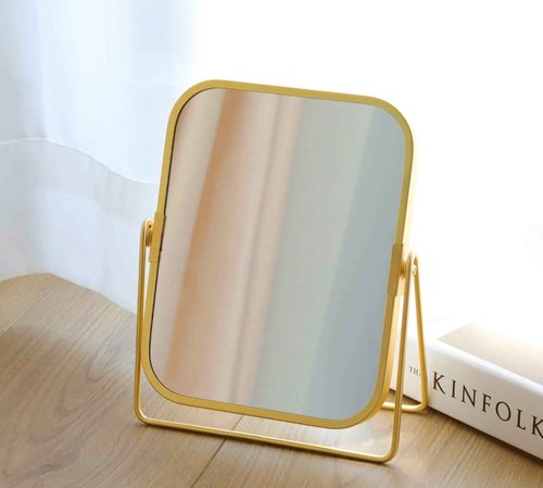 schonee 2-Sided Golden Tabletop Makeup Mirror, Double Sided 2X Magnification Vanity Mirror, 360°Rotation Dressing Table Mirror (Gold - Rectangle)